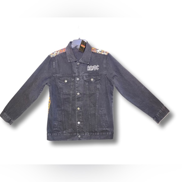 AC/DC Black Denim Leopard Print Jacket Small NWT Album Titles - Picture 2 of 4